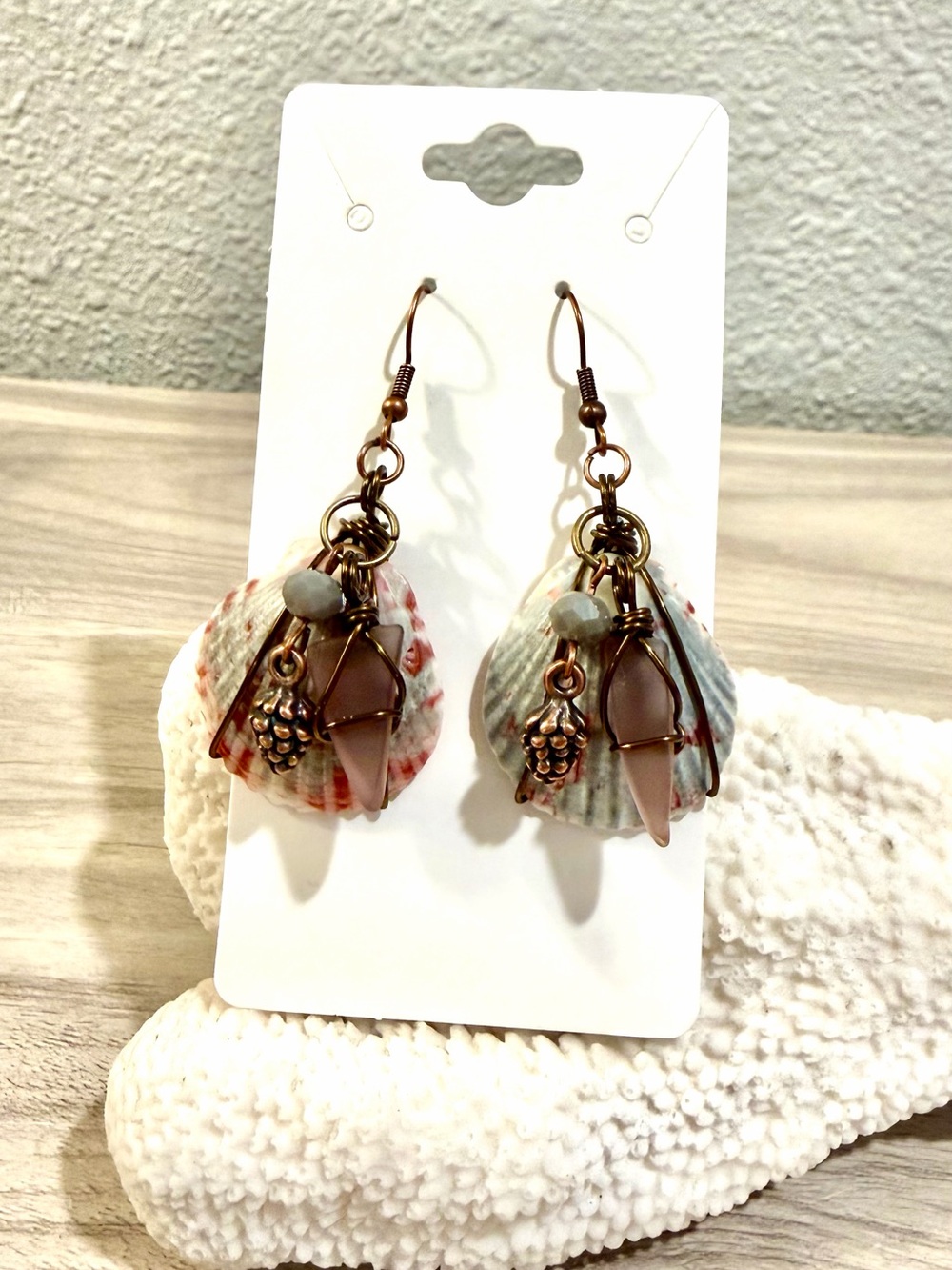 Handcrafted Seashell Drop Earrings in copper and gray tones